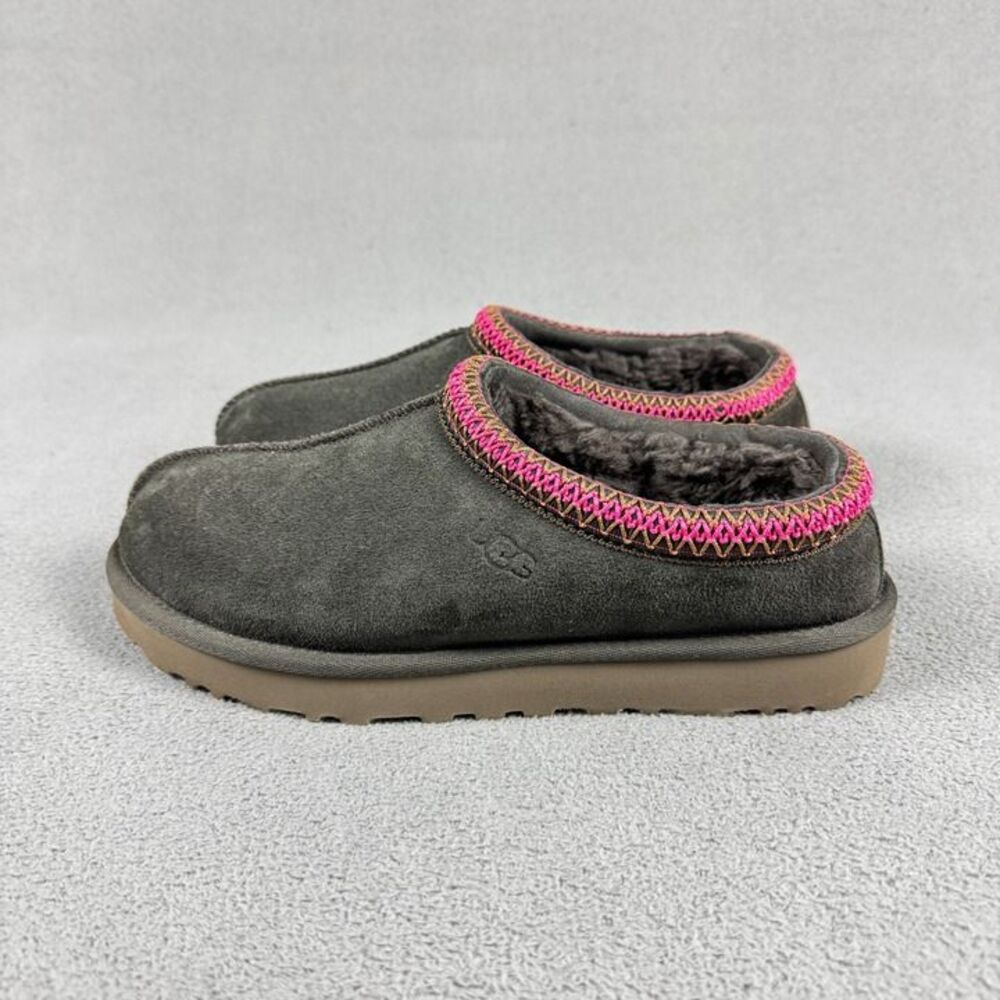 UGG Tasman II Slipper Shoes Size 10 US Women's Charcoal Grey Pink Embroidered